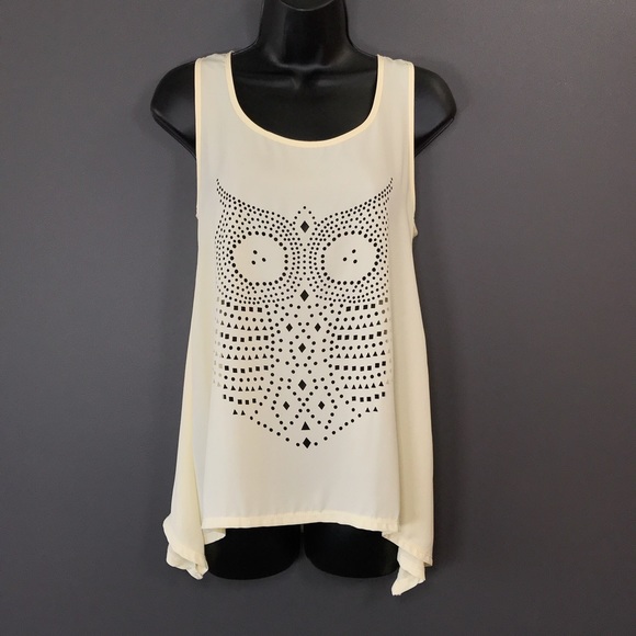 Laser Cut Owl Cute Flowy Zip-back Cream Tank S - Picture 1 of 8